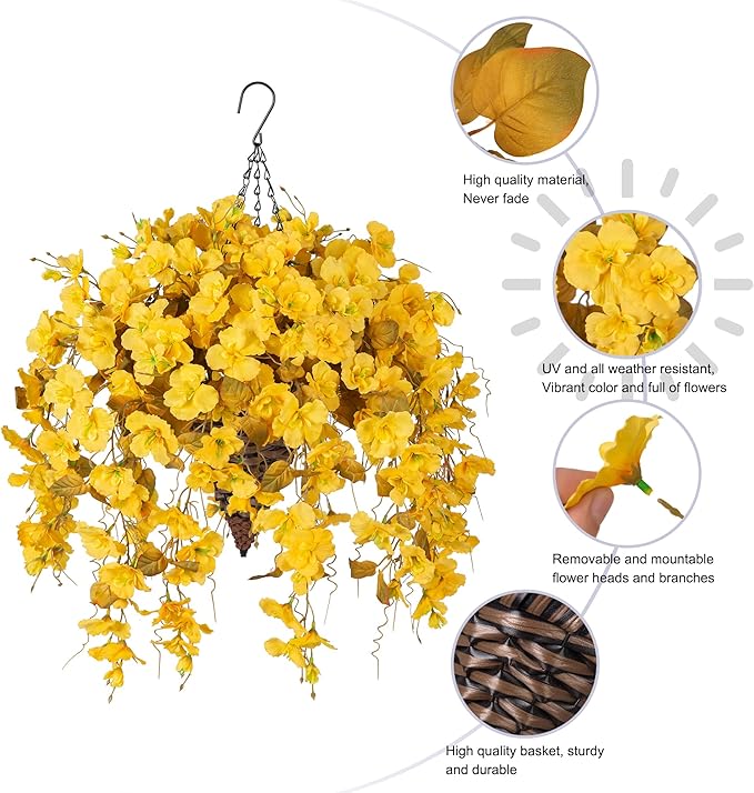 Artificial Fake Fall Hanging Flowers Plants Baskets for Outdoor Decoration, 5Pcs Faux Silk Hibiscus Long Vines in Planter UV Resistant Realistic Flower for Outside Home Porch Patio Garden, Fall Yellow
