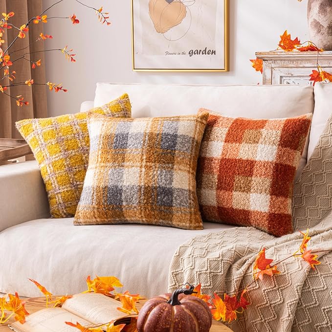 Orange Plaid Fall Throw Pillow Covers 12x20 Inch Set of 2, Boucle Decorative Pillow Covers,Cozy Fluffy Home Living Room Farmhouse Decor for Sofa Couch Bed