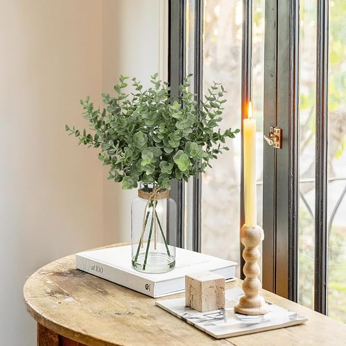 Briful Artificial Eucalyptus Stems in Clear Glass Vase with Faux Water, 14" Fake Plant Eucalyptus Leaves for Home Farmhouse Wedding Bathrooom Decor