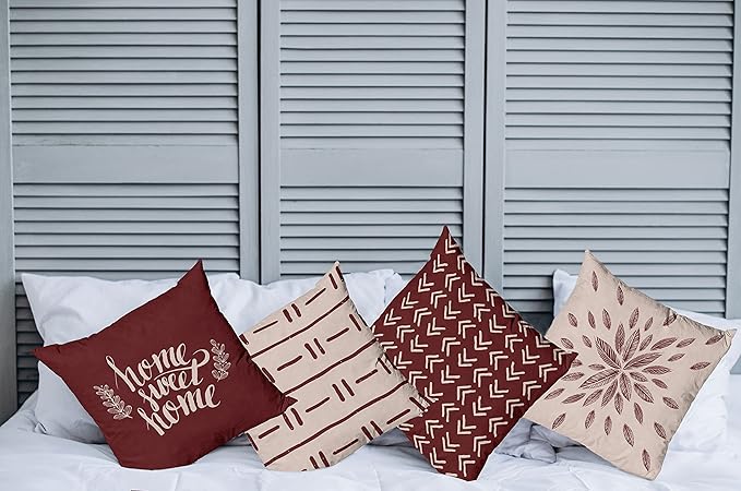 Ambesonne Modern Throw Pillow Cushion Case Pack of 4, Scandinavian Minimal Ornaments Boho Feather Leaves and Home Phrase Print, Modern Accent Double-Sided Digital Printing, 18", Pale Tan and Burgundy