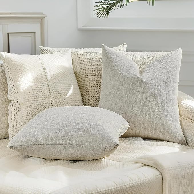 HAUSSY Cream White Throw Pillow Covers 20x20 Inch Set of 2,Boho Decorative Faux Linen Throw Pillows Cozy Farmhouse Accent Cushion Covers,Home Decor for Couch Sofa Bed Living Room