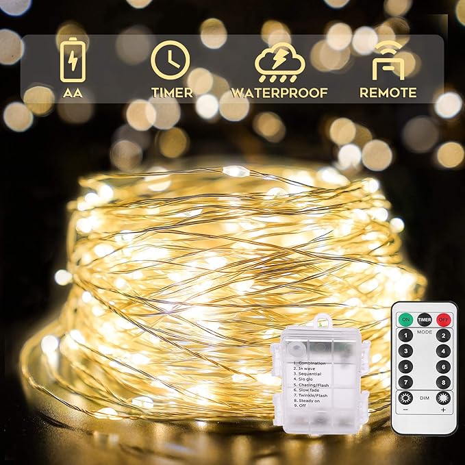suddus Fairy Lights Battery Operated with Remote, 33ft 100 LED Dimmable Twinkle Lights with Timer, Waterproof Copper Wire String Lights for Bedroom, Christmas, Tree, Indoor Outdoor Decor (Warm White)