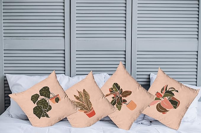 Ambesonne Botanical Throw Pillow Cushion Case Pack of 4, Digital Watercolor Effect Modern Print of House Plants Leaves Pots, Modern Accent Double-Sided Digital Printing, 16", Peach Emerald and Salmon