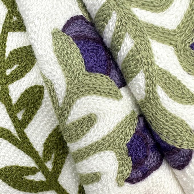 Alysheer Floral Embroidered Spring Decorative Throw Pillow Cover 18"x 18", Farmhouse Cottage Purple Flowers Green Leaves Knit Pattern Cotton Canvas Cushion Case for Sofa Couch Bed Living Room Decor
