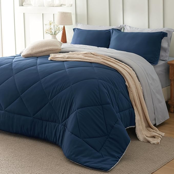 Bedsure Full Size Comforter Set - 7 Pieces Reversible Navy Bedding, Full Size Bed Set for All Seasons, Bed in a Bag with Down Alternative Comforter, Sheets, Pillowcases & Shams