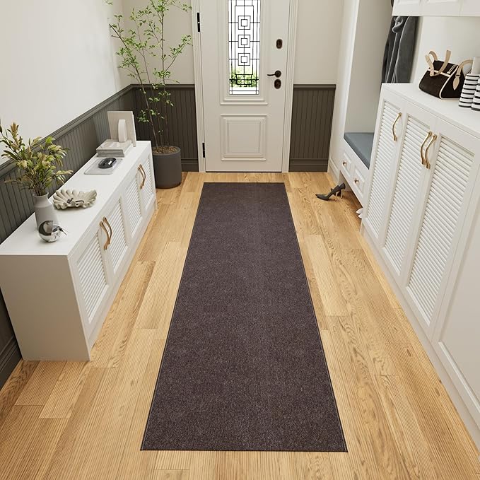 Ottomanson 2' x 17' Ultra-Thin Hallway Runner Rug - Durable Non-Slip Carpet for High-Traffic Areas - Fits Under Doors for Seamless Entry - Ideal for Kitchen, Entryway, Bedroom & Living Room, Brown