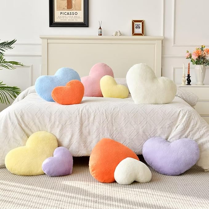 Heart Pillow White Throw Pillows Decorative Pillows for Bed Couch Cute Faux Rabbit Fur Small Pillow for Women Valentine Anniversary Fall Halloween Christmas Home Decor (Medium, 20"x15")