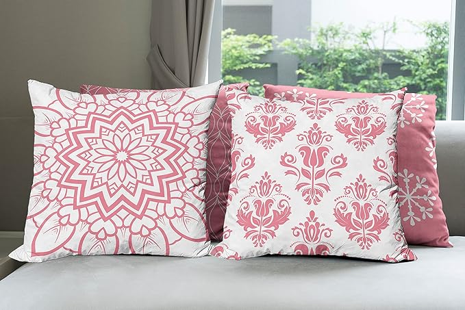 Ambesonne Retro Throw Pillow Cushion Case Pack of 4, Trellis Grid Medieval Floral Damask Mandala Flower Ornament in Modern Monochrome, Modern Accent Double-Sided Digital Printing, 20", Pastel Pink