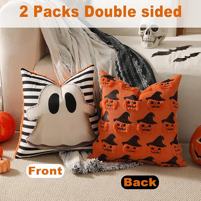 TOYPOPOR Halloween Decorations, 2 Packs Double Sided Ghost Pillow Covers, Soft Fur Throw Pillow Cases Indoor outdoor Pumpkin Couch Cushion Case for Fall Autumn Bedroom Living Room Home Decor 16''x16''