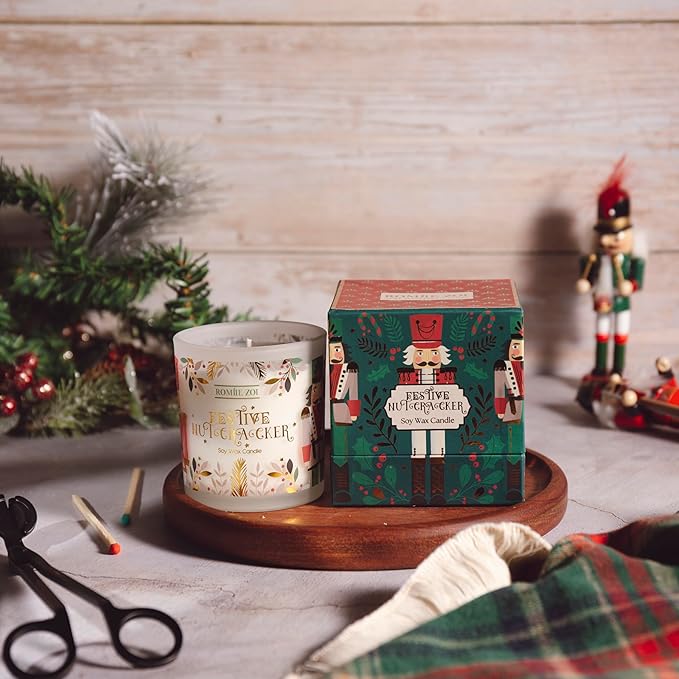 ROMIIE ZOI Christmas Scented Candle - 6oz Soy Wax Candle, Nutcracker Winter Candle for Home Decor, Infused with Sugar Plum Aroma-Forest Green Gift Box Packaged for Christmas Holiday Season Gift