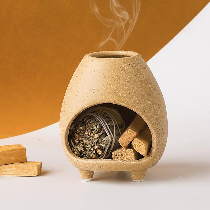 Palo Santo Holder Burner, Handcrafted Ceramic Incense Holder Burner and Ash Catcher for Palo Santo Sticks or sage Bundles, Smudge Bowl, Meditation Home Decor(Beige)
