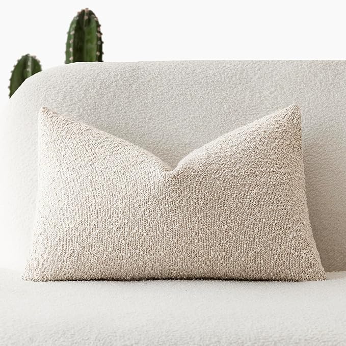 Foindtower Textured Boucle Throw Pillow Covers Accent Solid Lumbar Pillow Cases Cozy Soft Decorative Couch Cushion Case for Chair Sofa Bedroom Living Room Home Decor, 12 x 20 Inch,Light Beige