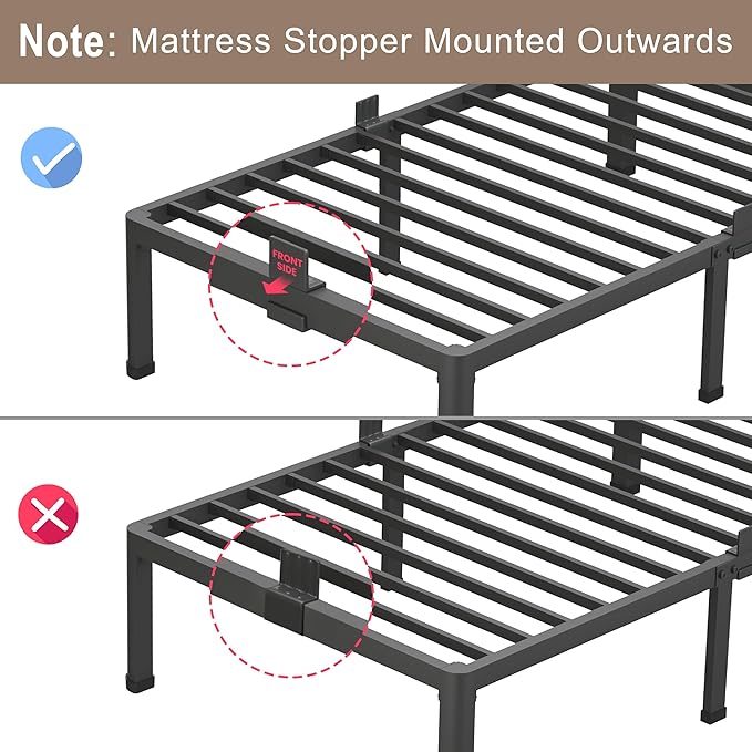 ROIL 14 inch Full Size Bed Frame with Headboard Hole and Round Corner Legs Mattress Retainers 3500LBS Heavy Duty Steel Slats No Box Spring Needed Platform Noise-Free Underneath Storage