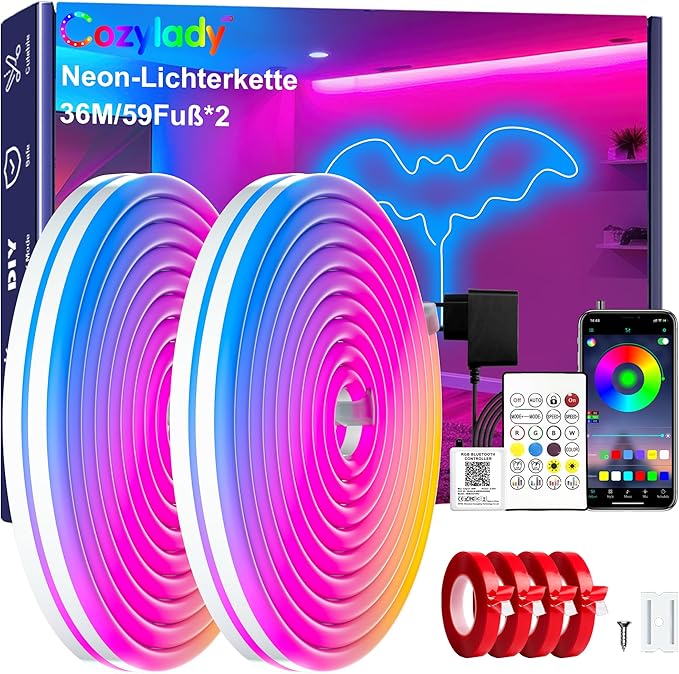 Cozylady 100Ft (50Ft * 2 Rolls) RGB LED Neon Rope Lights for Bedroom, 30m LED Strip Lamp with Double Sided Adhesive Tape, App/Remote Control DIY Lights Decorate The Outdoor and Indoor of Your Home