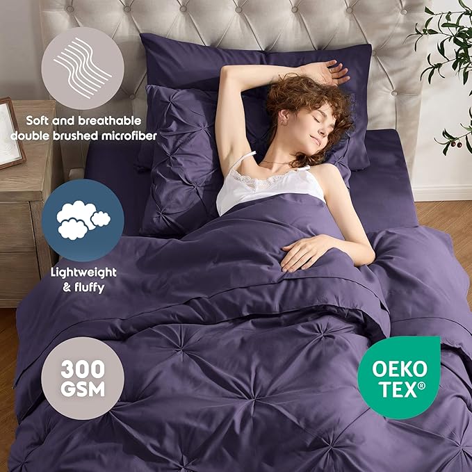 Nestl Twin XL Comforter Set 5 Piece - Pintuck Twin XL Bedding Set Purple, College Dorm Room Essentials with Sheets, Pillowcase and Sham