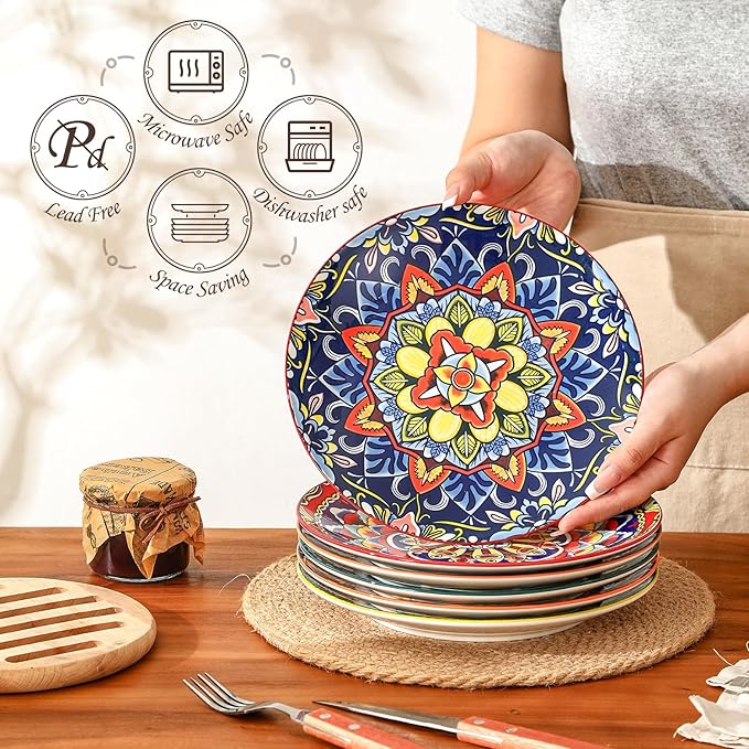 AHX Colorful Ceramic Plate Set of 6 – 8.7 Inch Bohemian Porcelain Plates for Serving Dessert, Appetizer and Salad – Microwave and Dishwasher Safe - Perfect for Party, Daily Meals and Gift Occasions