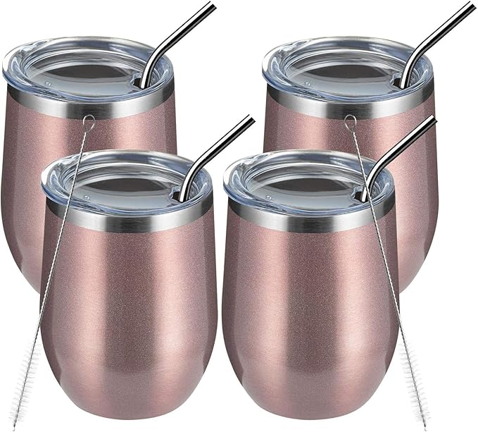 MEWAY 12oz/4 Pack Wine Tumbler Glasses with Lid - Stemless Double Wall Vacuum Stainless Steel Travel Tumbler - Keeping Cold & Hot for Wine,Coffee,Cocktails,Gifts (Rose gold,Set of 4)