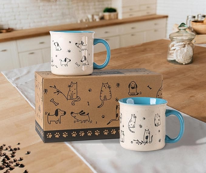 AmorArc 22 OZ Large Ceramic Coffee Mugs Set of 2, Oversized Mugs With Big Handle for Men Women Dad Mom, Big Mug With Textured Dogs Cats Patterns for Office & Home -Microwave Safe, 2 Pcs-Blue