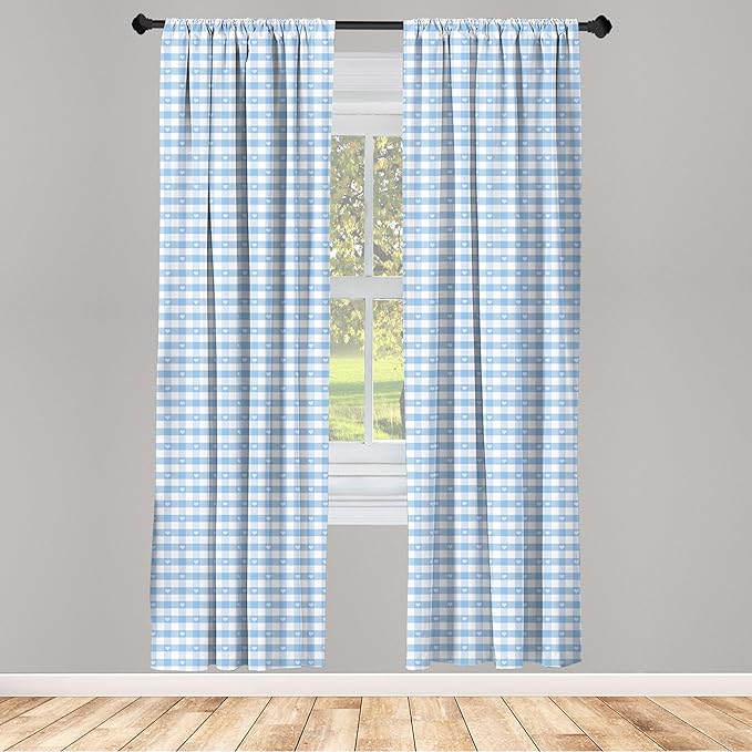 Ambesonne Checkered Curtains, Gingham Motif with Little Hearts Pastel Blue Shower Theme, Window Treatments 2 Panel Set for Living Room Bedroom, Pair of - 28" x 63", Blue
