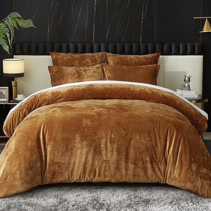 Ivellow Crushed Velvet Comforter Set Queen Size - 5pcs Luxury Bedding Set with 1 Comforter, 2 Pillow Shams, 2 Euro Shams - Ultra Soft, Breathable, Cozy Flannel - Harvest Gold