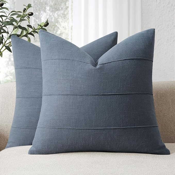 ZWJD Decorative Linen Throw Pillow Covers 18x18 Set of 2 Solid Handcrafted Striped Cushion Covers for Bed Soft Modern Farmhouse Neutral Pillowcase for Couch Bedroom Living Room Home Decor(Slate Blue)