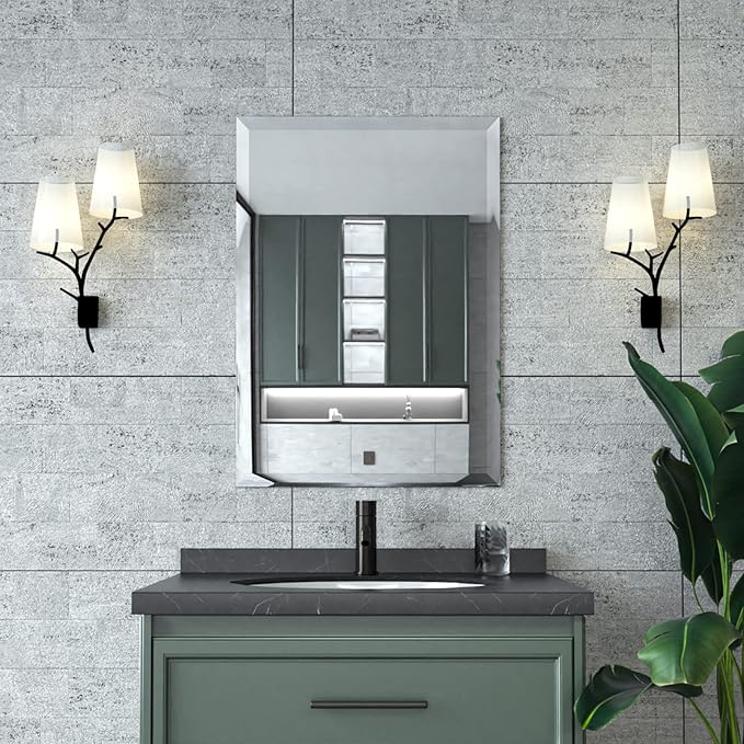 Mirrorons Beveled Mirror, Bathroom Mirrors for Wall 20" x 28", Frameless Rectangle Bathroom Mirror with Beveled Edge, Hangs Horizontally or Vertically, Upgraded Packing