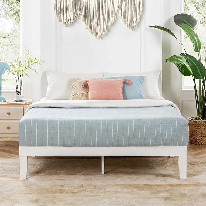 Mellow Naturalista Classic 12 Inch Solid Wood Platform Bed with Wooden Slats, Full, White
