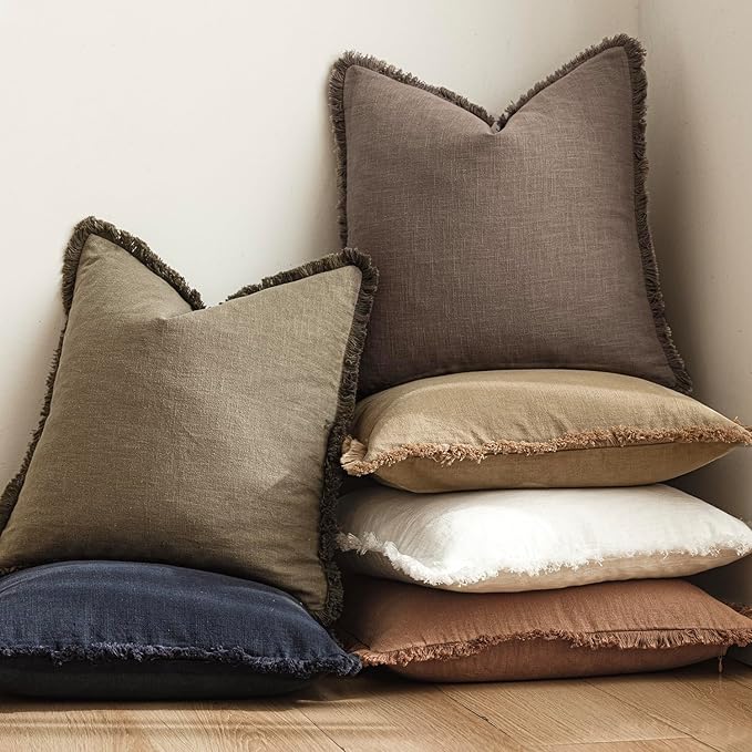Foindtower Set of 2 Decorative Linen Fringe Throw Pillow Covers Cozy Farmhouse Cushion Cover with Tassels Accent Pillowcase for Couch Chair Sofa Bed Living Room Home Decor,20×20 Inch,Light Coffee