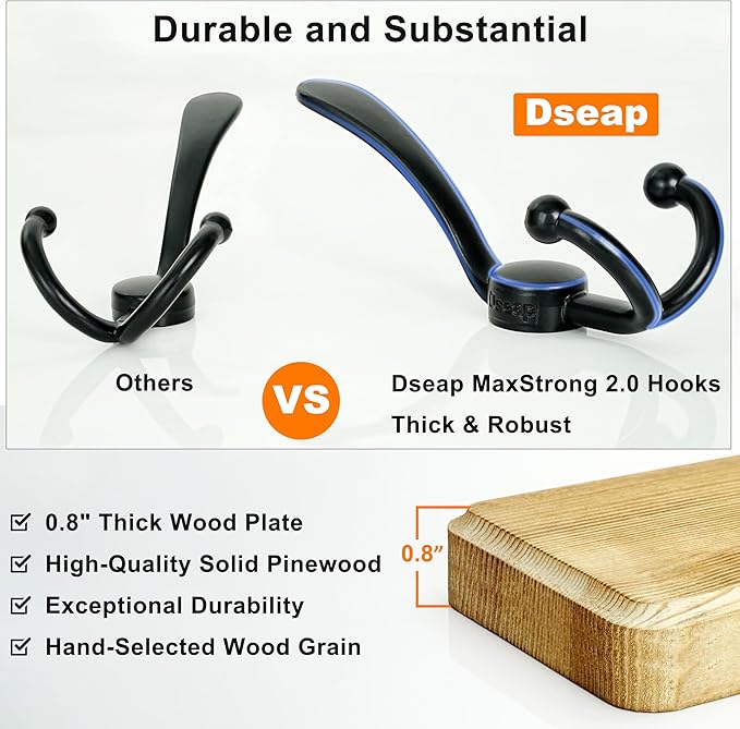 Dseap Coat Rack Wall - Heavy-Duty 38-1/4" Long, with Reinforced 10 Custom Tri-Hooks, Solid Wood Wall Hanger for Coats Hat Jackets - Rustic Farmhouse Entryway Hallway Storage, Weathered Blue & Black