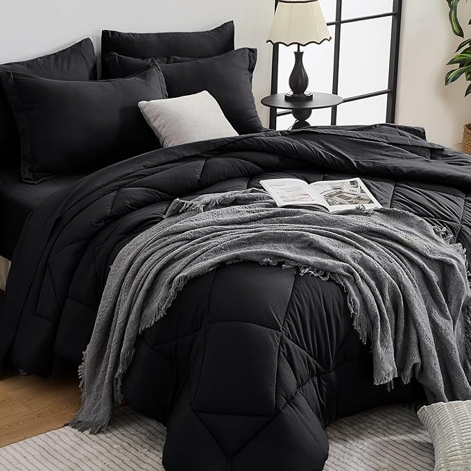 HEVUMYI Black Oversized Queen Comforter Set - 7-Piece All Season Bed in a Bag Oversized Queen, Ultra Soft Bedding Set with Comforter, Flat Sheet, Fitted Sheet, Pillowcases, Pillow Shams
