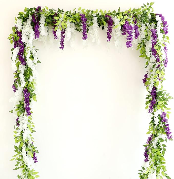 Wisteria Artificial Flowers Garland, 4Pcs Total 28.8ft Silk Faux Wisteria Vine Kit, Hanging Flower Plant for House Outdoor Garden Ceremony Outside Wedding Arch Floral Decor (4, White)
