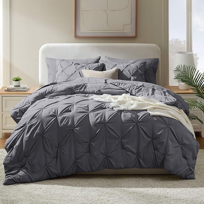 Nestl California King Comforter Set 7 Piece - Pintuck Cal King Comforter Set Dark Grey, California King Bed in a Bag, All Season Bed Set with Flat Sheet and Fitted Sheet, Pillowcases and Shams
