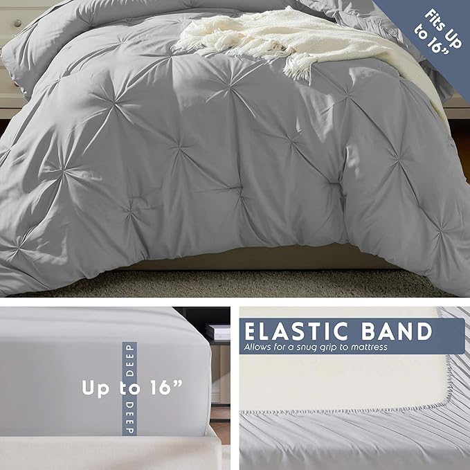 Nestl Twin XL Comforter Set 5 Piece - Pintuck Twin XL Bedding Set Light Grey, College Dorm Room Essentials Bed in a Bag, Twin XL Comforter Set for College Girls & Boys with Sheets, Pillowcase and Sham