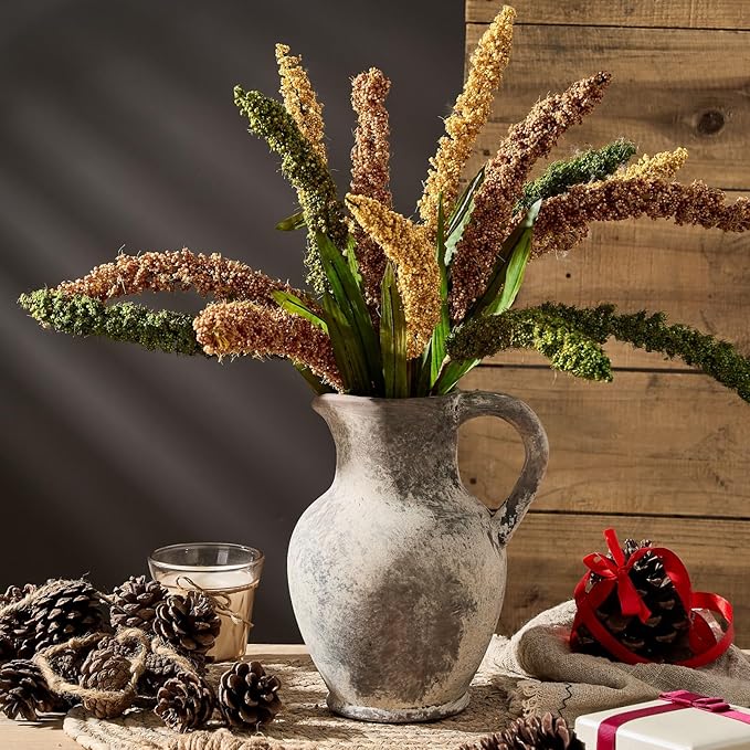 SIDUCAL Ceramic Rustic Farmhouse Vase with Handle, Terracotta Vase, Minimalist Decorative Vases for Home Decor, Table, Living Room, Shelf, Christmas Decoration(Gray)