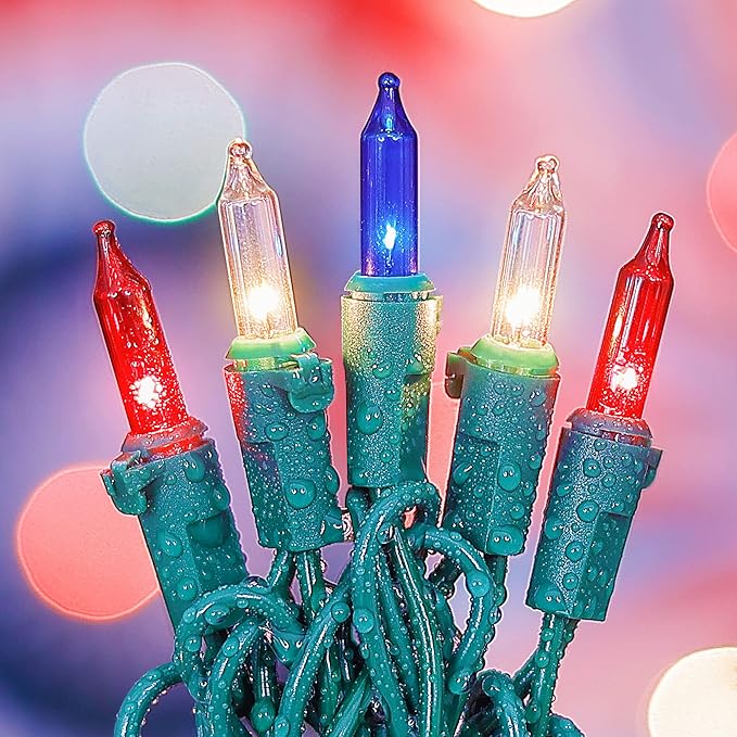 50 Count Red White and Blue Mini String Lights with Green Wire,Connectable 13ft 120V Waterproof 4th of July Patriotic Incandescent Lights, Independence Day Lights for Outdoor Indoor Decor