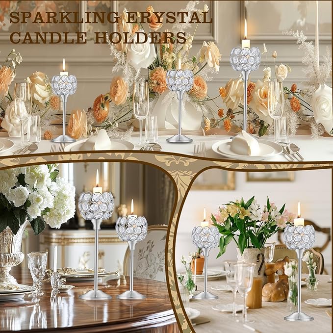 Crystal Candle Holders Set of 16 for Wedding Centerpieces Gold Or Silver Candle Holders Bulk Decorative Tealight Candle Holder for Wedding, Party,Table Centerpieces Decoration (Silver, 4Sets(12 Pcs))