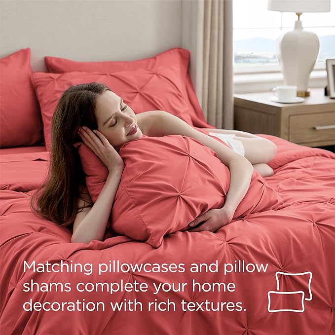 Bedsure King Size Comforter Set Coral Red - Bed in a Bag Bedding Set 7 Pieces, GentleSoft™ Pintuck Bed Set Gift for Family, Pinch Pleat Coral Red Comforter with Sheets, Pillowcases & Shams