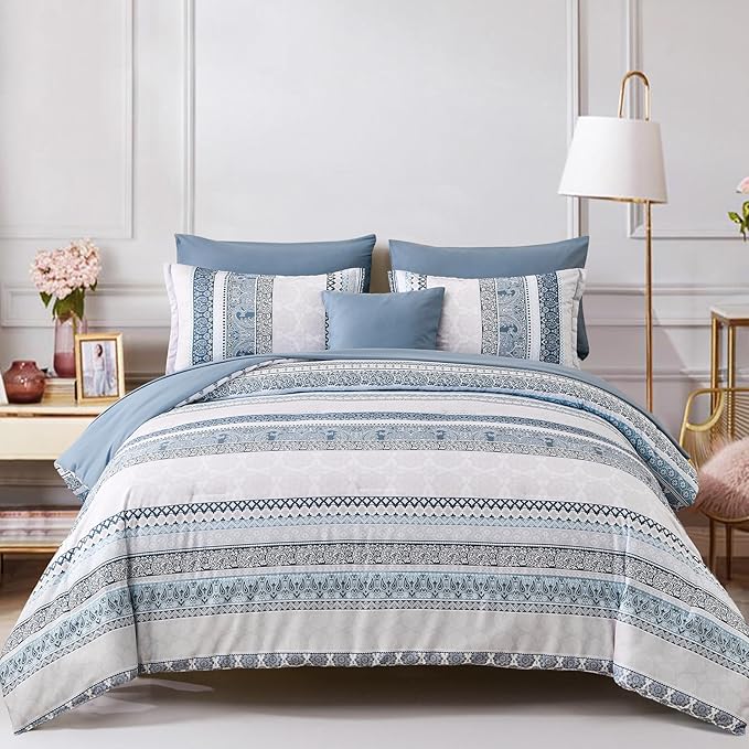 Cottolester Boho Comforter Set King Size Light Blue Comforter Set 8 Piece Bed in a Bag Striped Paisley Bedding Sets