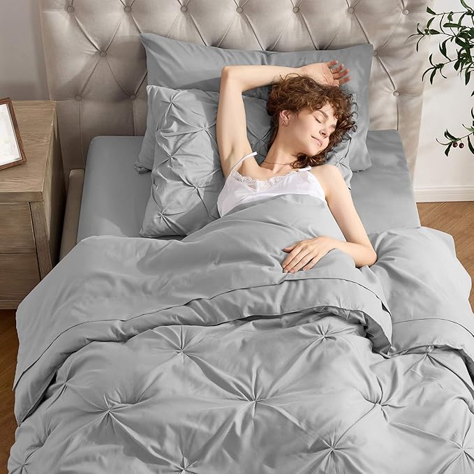 Nestl Twin XL Comforter Set 5 Piece - Pintuck Twin XL Bedding Set Light Grey, College Dorm Room Essentials Bed in a Bag, Twin XL Comforter Set for College Girls & Boys with Sheets, Pillowcase and Sham