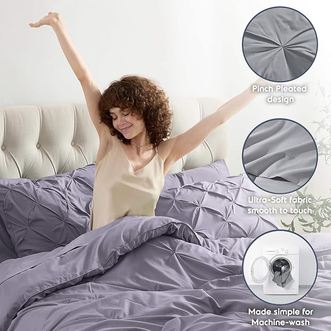 Nestl Queen Comforter Set - 7 Piece Pinch Pleated Comforter Queen Size Grayish Purple, All Season Bed in a Bag with Flat Sheet, Fitted Sheet, Pillowcases and Shams