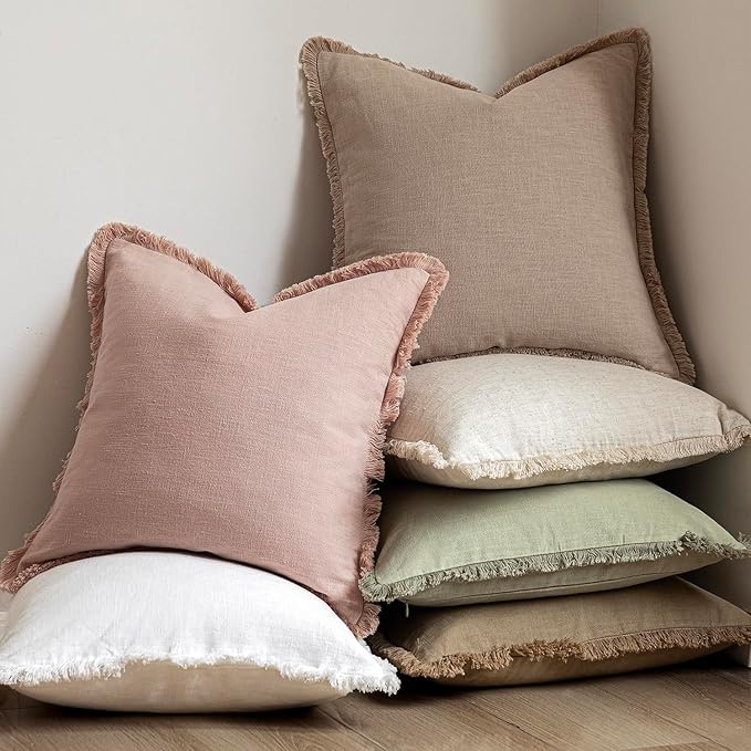 Foindtower Decorative Linen Fringe Throw Pillow Covers Cozy Boho Farmhouse Cushion Cover with Tassels Soft Accent Pillowcase for Chair Sofa Bed Living Room Home Decor, 26×26 Inch, 1PC,Light Sage Green