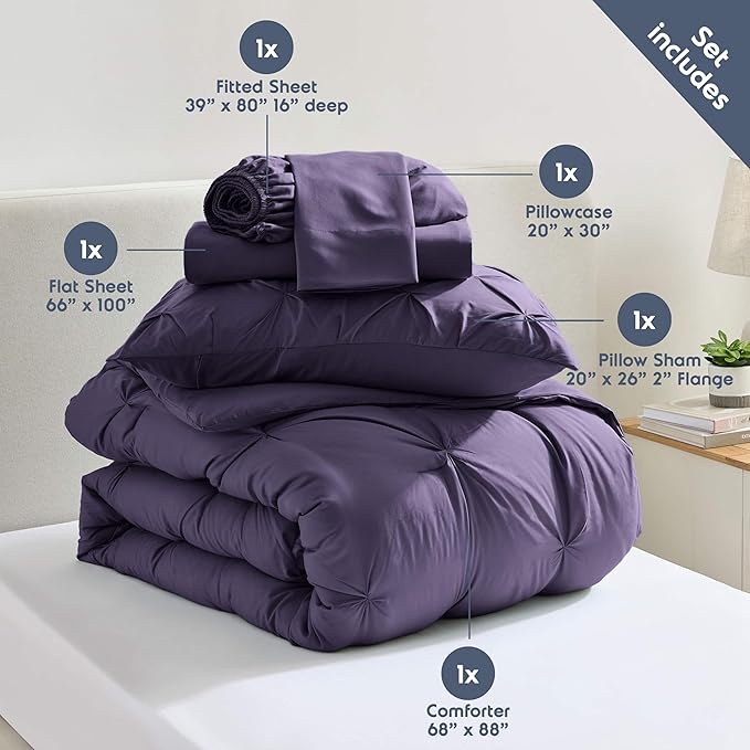 Nestl Twin XL Comforter Set 5 Piece - Pintuck Twin XL Bedding Set Purple, College Dorm Room Essentials with Sheets, Pillowcase and Sham