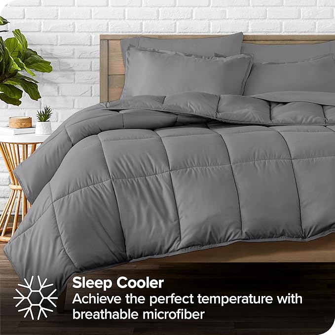 Bare Home Bed-in-A-Bag 7 Piece Comforter & Sheet Set - Split Head King - Down Alternative - Ultra-Soft 1800 Premium Bedding Set (Split Head Flex King, Grey/Grey)