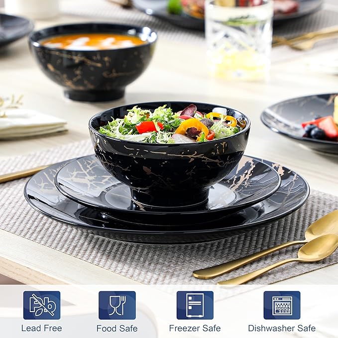 LOVECASA Plates and Bowls Sets for 4, 12 Pieces Porcelain Dinnerware Sets, Black and Gold Dish Set Gold Splash Dishware Sets, Dishwasher Microwave Safe