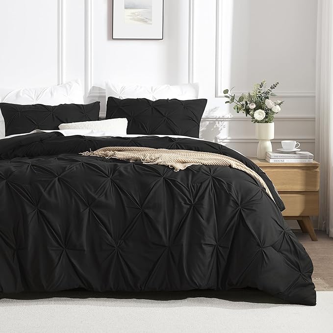 Andency Black Pinch Pleat Comforter Twin(66x90Inch), 2 Pieces(1 Pintuck Comforter, 1 Pillowcase) Pintuck Comforter Set,Microfiber All Season Down Alternative Comforter Bedding Set
