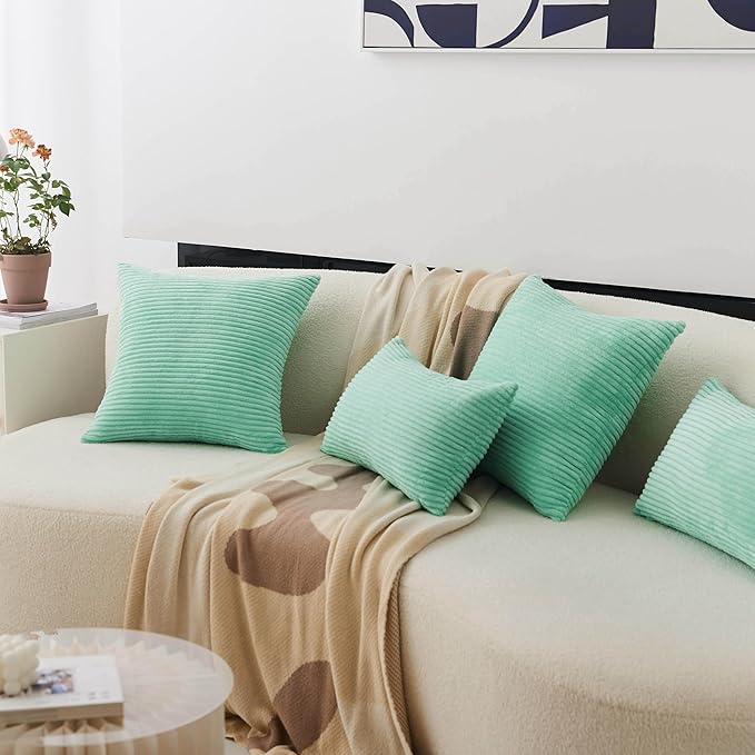 Home Brilliant Aqua Spring Pillow Covers Soft Plush Corduroy Striped Throw Pillow Cases for Sofa Couch Bed Decor, 18 x 18 Inch (45x45), Aqua Blue