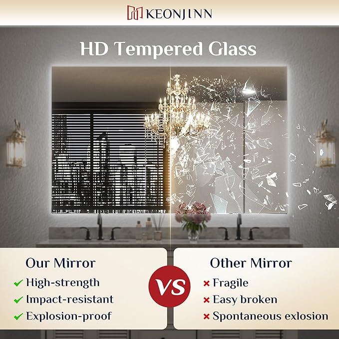 Keonjinn 28 x 36 Inch LED Bathroom Mirror with Backlit, Anti-Fog Vanity Mirror, CRI90+ HD Tempered Glass, Stepless Dimmable, High Lumen, UL Listed, Waterproof, Horizontal/Vertical