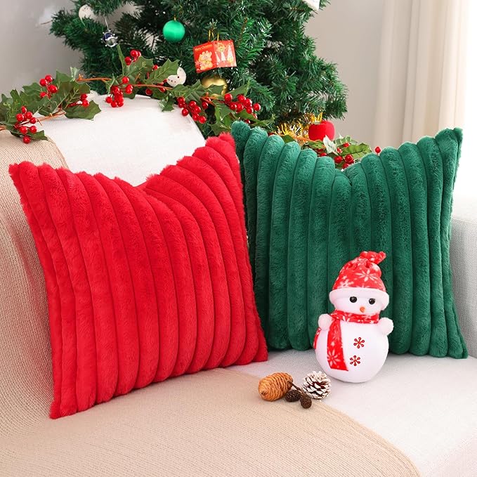 Pallene Faux Fur Plush Christmas Throw Pillow Covers 26x26 Set of 2, Luxury Soft Fluffy Striped Decorative Pillow Covers for Sofa, Couch, Living Room, Christmas Green