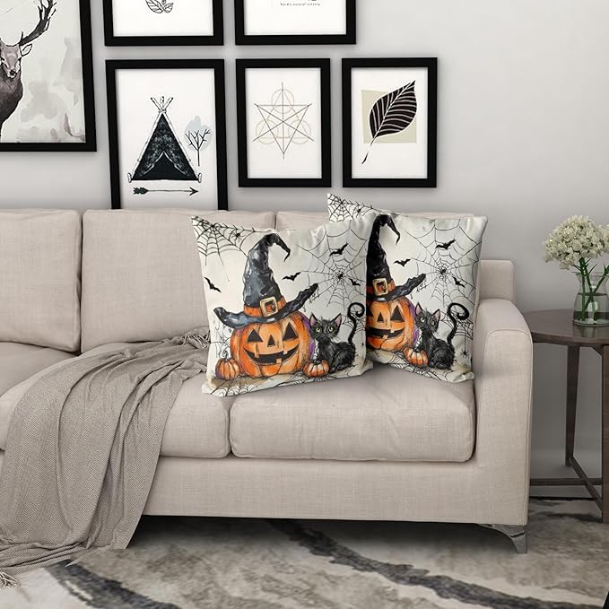 Giwawa Halloween Pillow Covers Set of 2- Rustic Spooky Pumpkin Black Cat Cotton Double Sided Throw Pillow Cases- Gothic Spider Web Bats Soft Cushion Cover 16"x16" for Sofa Porch Holiday Decor