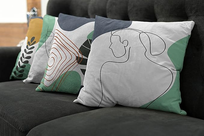Ambesonne Minimal Throw Pillow Cushion Case Pack of 4, Modern Line Art Woman Portrait with Contemporary Leafy Geometric Details, Modern Accent Double-Sided Digital Printing, 16", Sea Green Slate Blue